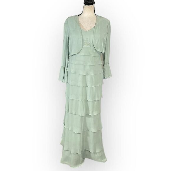 Alex Evenings 2 Piece Dress Jacket Set Women's 12 Green Tiered Maxi Sleeveless